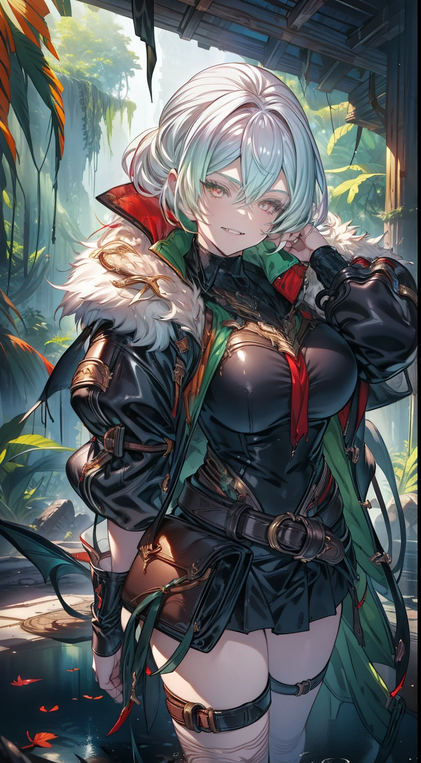 realistic photo of slaved (savage, tribal, jungle)_vampire with (white hair), bat fur, coat|wings, ((fangs)), colorful extremely_detailed_(tribal, jungle)_tight_(lacy, leather, fur, silk, satin, latex)_(clothing, skirt), high collar, detailed face, detailed beautiful shiny red eyes, slit pupils, metallic reflections, ((tatooed, marked)_with_shining_runes)_fit_muscular_body, shiny skin, tropical city ruins fog, 1girl, natural breasts, medium length white hair, masterpiece, best quality, beautiful and aesthetic:1.2, fractal art:1.4