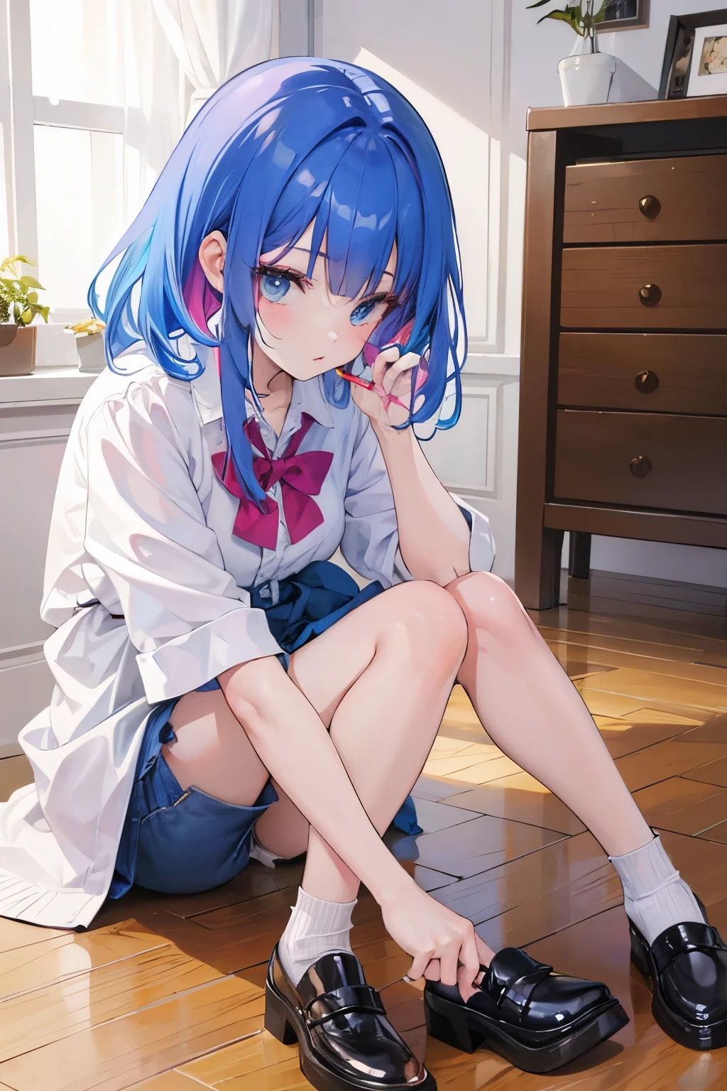 A girl with colored hair is applying lipstick on the floor