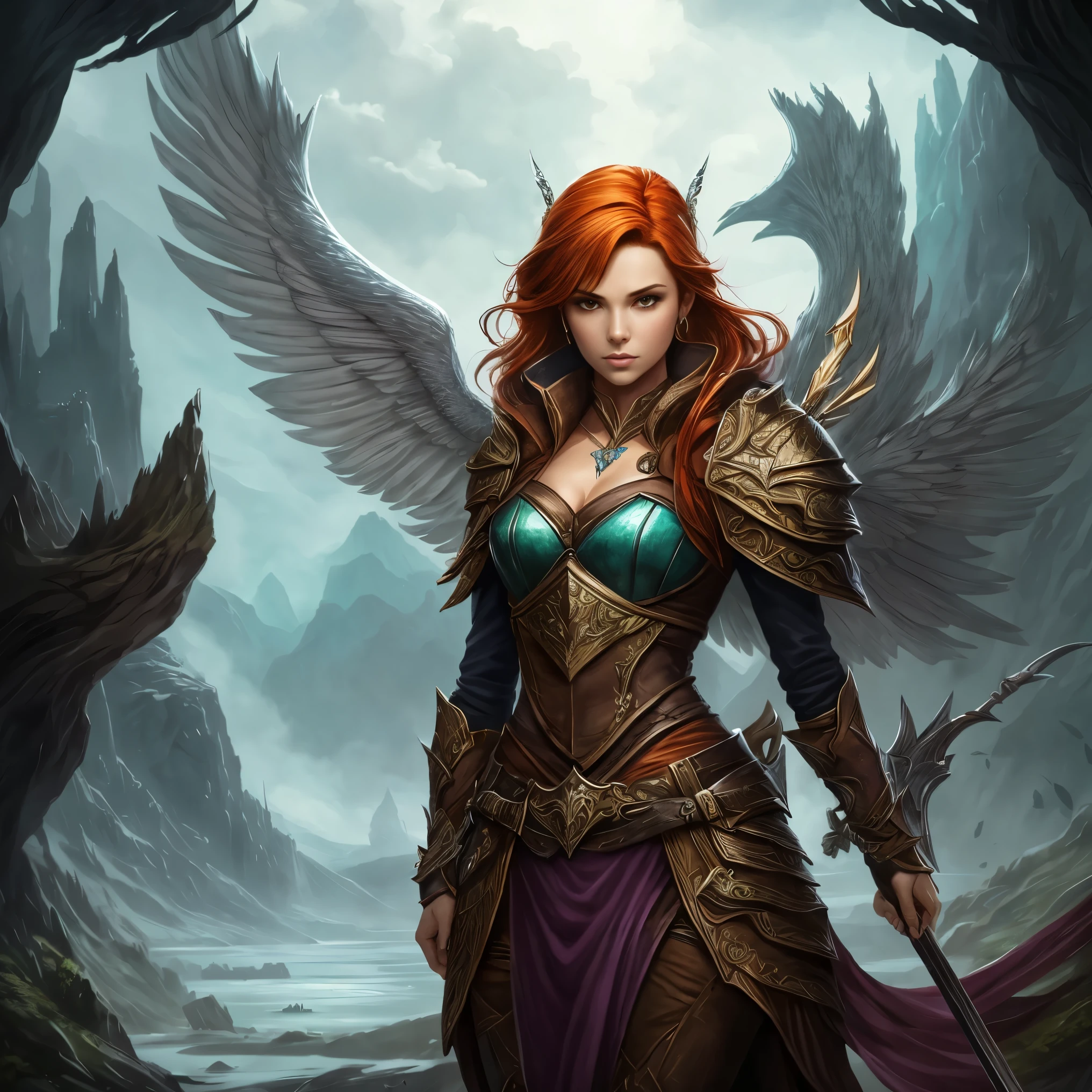Uma mulher com espada e asas em frente a uma montanha, do cavaleiro do anjo, like a mystical valkyrie, artegerm , epic fantasy character art, arte de fantasia de alta qualidade, epic fantasy digital art style, arte do personagem de fantasia, female redhead templar, fantasia paladin mulher, Arte do Jogo de Cartas de Fantasia, artegerm extremamente detalhado