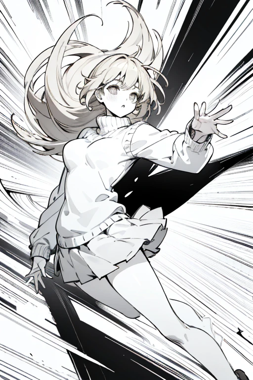 ((highest quality)), ((masterpiece)), (be familiar with), perfect face、girl、line drawing、anime style、Flaxen Turtleneck Sweater、short skirt、Show the whole body、draft、monochrome、rough、grab the skirt with your hands、long hair、black hair、cool、Calm、very big breasts、I can see my underwear、Genitals are transparent