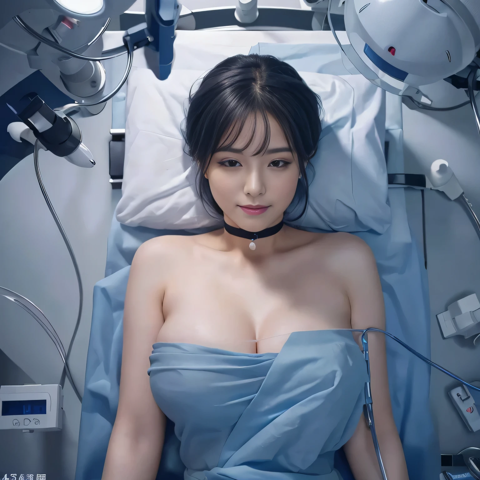 ((highest quality, 8K, Representative works in detail, ultra high resolution)), (middle shot:), Attractive medical staff woman, (big breasts:1.2), smile, ((black choker)), slim body shape, big breasts, blue color contacts, long eyelashes, bangs, operating table, Surgeon, Female patients、Surgery, surrounded by medical staff、in surgery