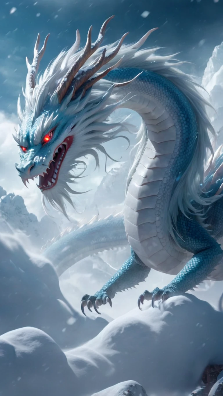 bailing_eastern dragon,dragon suspended in the air there are clouds,snow,outdoors,red eyes,long hair,snowing,blue_dragon,