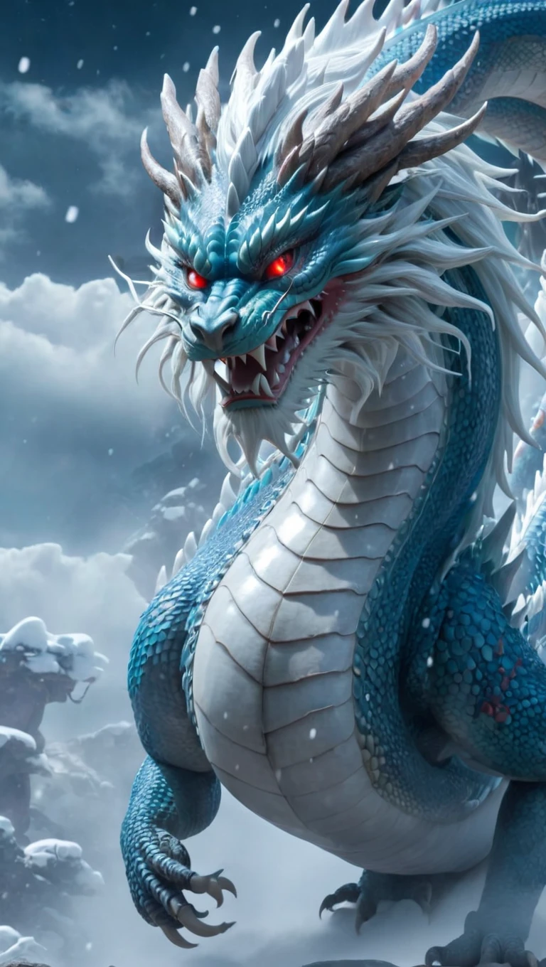 bailing_eastern dragon,dragon suspended in the air there are clouds,snow,outdoors,red eyes,long hair,snowing,blue_dragon,