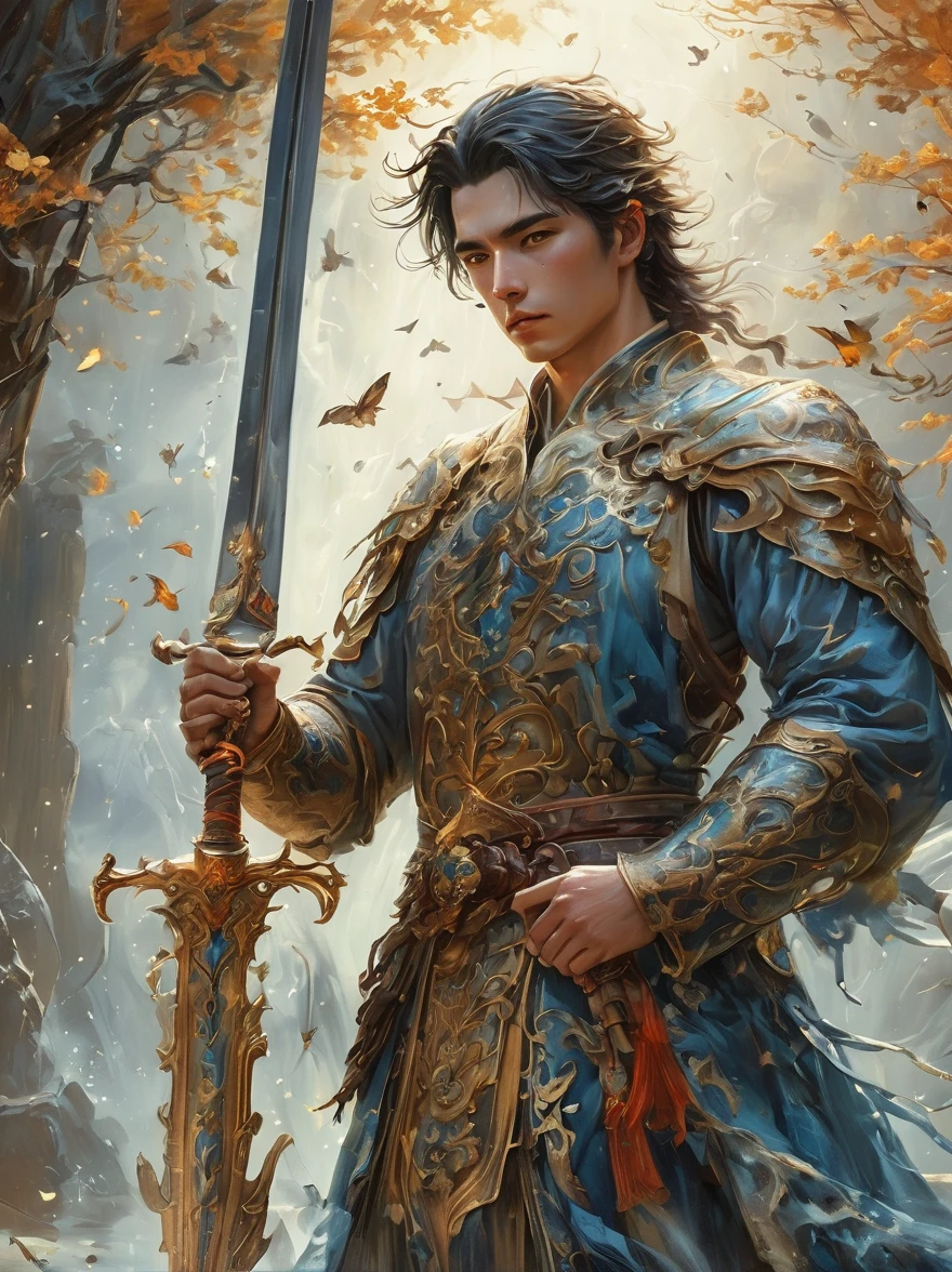 masterpiece，1 male，aldult，Beautiful face，young，advanced，Antique theme，Fairies，Ancient costumes，holding sword，Sunlight，street，Long hair flying，Sunlight，Background style，breeze blowing，Loose robe，fantasy landscape，Starlight around the character，（whole body），(first-person view, pov, UHD, retina, masterpiece, ccurate, anatomically correct, textured skin, super detail, award winning, 8k)
