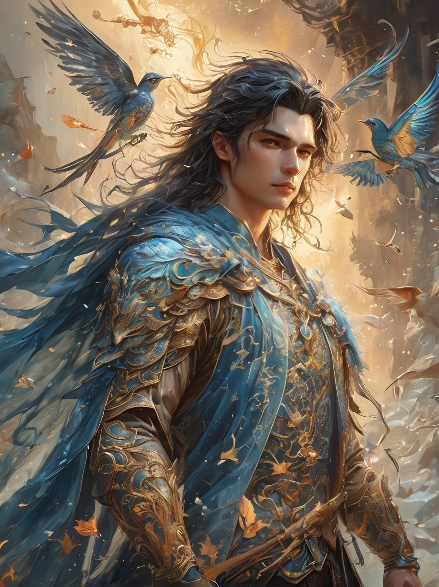 masterpiece，1 male，aldult，Beautiful face，young，advanced，Antique theme，Fairies，Ancient costumes，holding sword，Sunlight，street，Long hair flying，Sunlight，Background style，breeze blowing，Loose robe，fantasy landscape，Starlight around the character，（whole body），(first-person view, pov, UHD, retina, masterpiece, ccurate, anatomically correct, textured skin, super detail, award winning, 8k)
