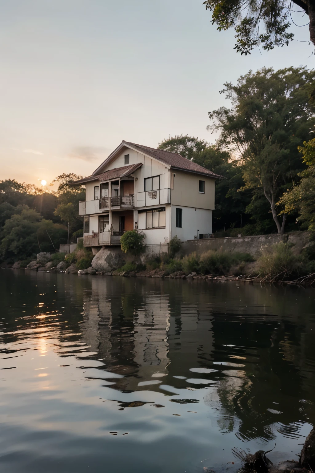 tela inicial para um jogo, com um lago,floresta,uma casa na agua,com cores do por do sol e relaxante