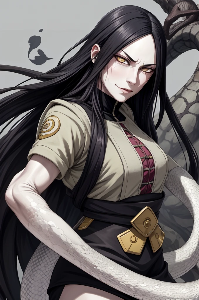 {-erro_de_anatomia:1.0} estilo anime, Masterpiece, absurdities, Orochimaru\(Naruto\), 1girl Solo, Mature woman, Oversized shirt with broad shoulders, Perfect composition, Detailed lips, large breasts, Beautiful face, body proportion, Blush, Long black hair, ( black hair), yellow eyes, Soft gauze, Super realistic, Detailed, photo shoot, Realistic faces and bodies, masterpiece, best quality, best ( white snake) illustration, hyper detailed, 1 girl, solo, glamorous, blushing, whole body, 