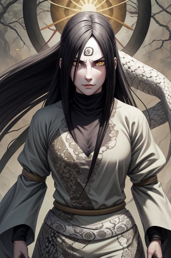 {-erro_de_anatomia:1.0} estilo anime, Masterpiece, absurdities, Orochimaru\(Naruto\), 1girl Solo, Mature woman, Oversized shirt with broad shoulders, Perfect composition, Detailed lips, large breasts, Beautiful face, body proportion, Blush, Long black hair, ( black hair), yellow eyes, Soft gauze, Super realistic, Detailed, photo shoot, Realistic faces and bodies, masterpiece, best quality, best ( white snake) illustration, hyper detailed, 1 girl, solo, glamorous, blushing, whole body, 