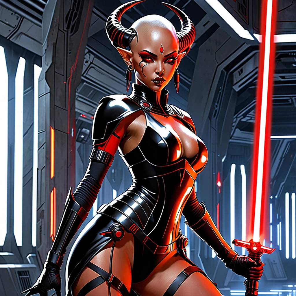 (Anime Line Art) A sexy Sith Warlord (alien, big breasts, no hair many small horns instead, blood red eyes, deep red almost black skin, many fierce orange body tattoos, small fighting costume, looks unhinged, wielding a red light saber) is dueling with a Jedi woman (big butt, small breasts, sailor school outfit with scifi gadgets, short hair, big eyes, calm and composed, masterfully deflecting the sith attacker), set in a sci-fi high technology building