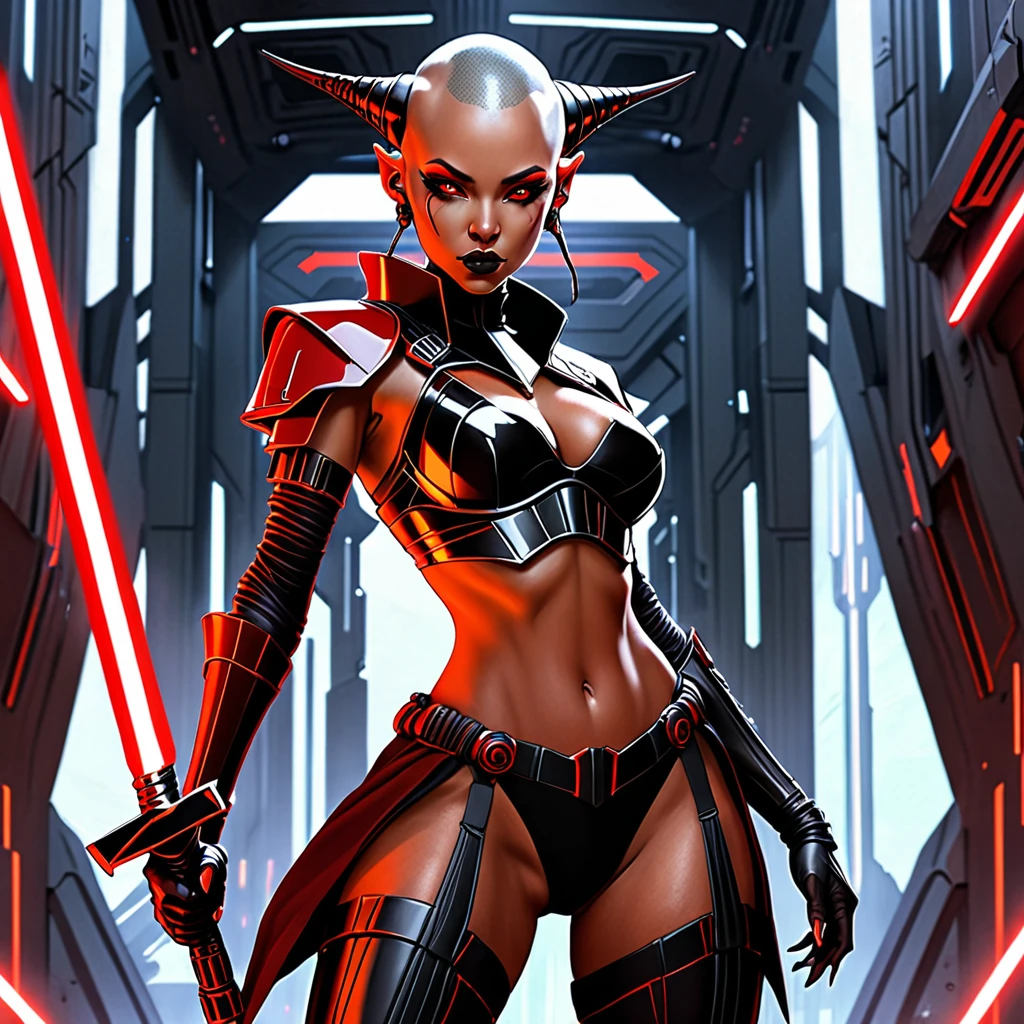 (Anime Line Art) A sexy Sith Warlord (alien, big breasts, no hair many small horns instead, blood red eyes, deep red almost black skin, many fierce orange body tattoos, small fighting costume, looks unhinged, wielding a red light saber) is dueling with a Jedi woman (big butt, small breasts, sailor school outfit with scifi gadgets, short hair, big eyes, calm and composed, masterfully deflecting the sith attacker), set in a sci-fi high technology building