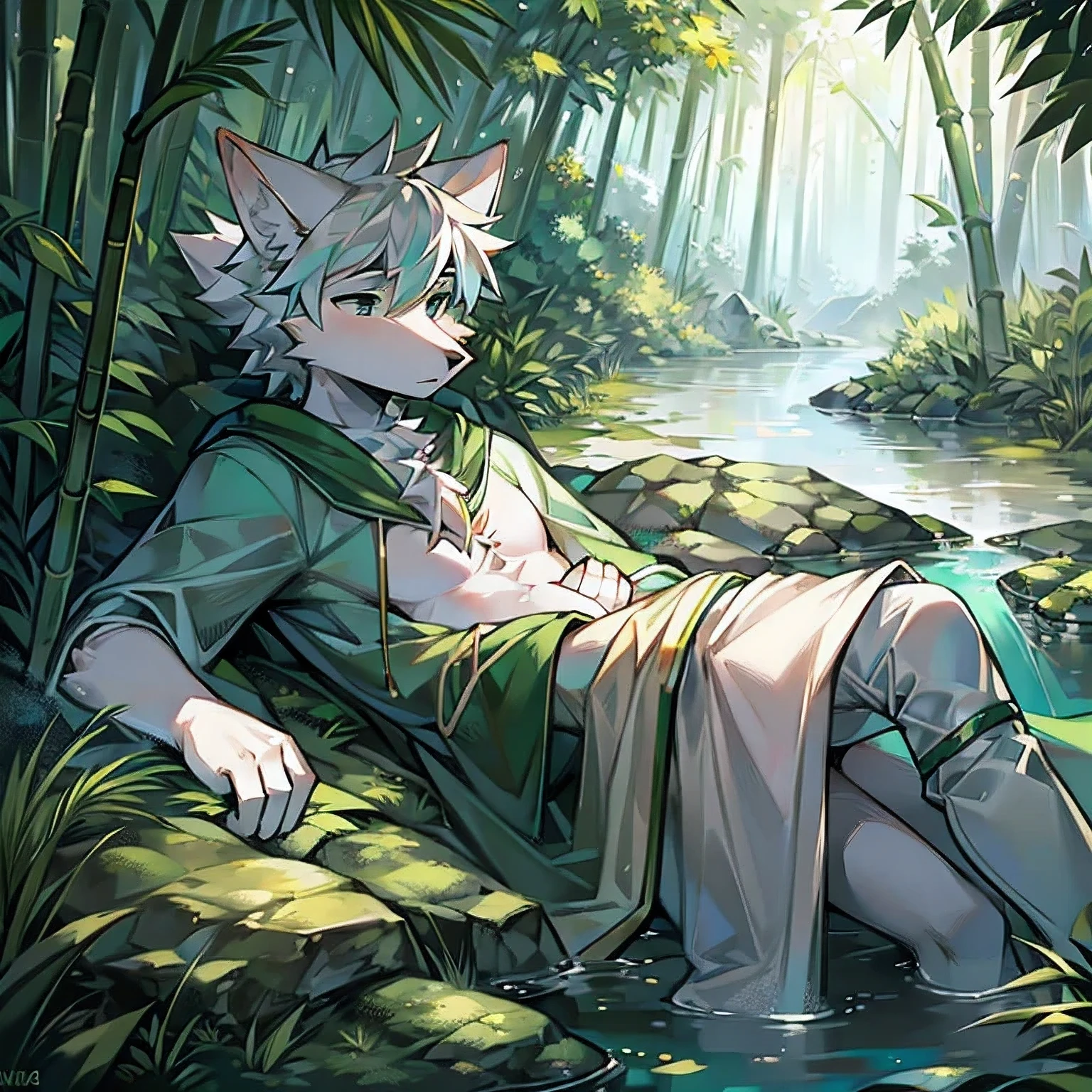 A male white fox wearing a white and green gradient robe and white pants is lying on a rock beside a stream in a bamboo forest.