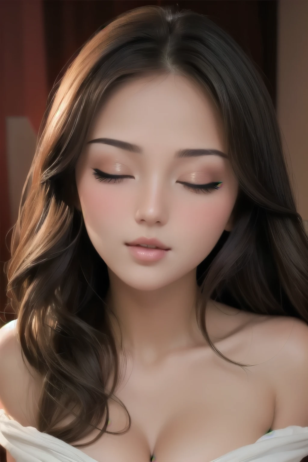 Sexy woman, seductive gaze, blushing intensely, parted lips, flustered, lustful, fairest skin, soft lips, medium chest, dark room, one lamp, warm lighting