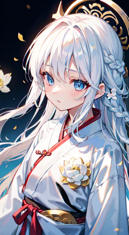 detailed eyes, detailed eye, detailed face, ultra high definition, retina, precise, anatomically correct, textured skin, Super details, Award-winning, high resolution, best aesthetics, 超high resolution, clearly, ultra detailed, best quality, high quality, super quality, 16K, high detail, High resolution, detailed, masterpiece, fair, detailed skin, Yao Zhui, （whole body）, （1 bitch）, white hair, Loosely braided side tail hair on the right side, curls, right braid loose side tail wavy white hair, blue eyes, sleepy eyes, double eyelids, white lotus, white lotus kimono, white lotus hair ornaments, （fair cuntboy with right braid loose side tail wavy white hair holding a white lotus flower）