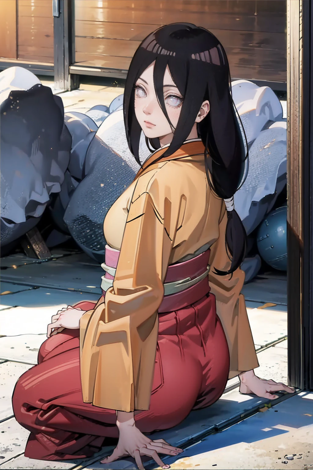 tmasterpiece， hoang lap ， （Complicated details）， （rich colourful）， movie lighting， bust， the Extremely Detailed CG Unity 8K Wallpapers ， Hinata flower ratio， 1girll， solo， orange kimono， Red hakama skirt， obi strip， Wide sleeves， looking at viewert， ventania， Combat posture， Low hair tied long，dinamic poses, lilac eyes, sitting oh the floor, backwards, looking back
