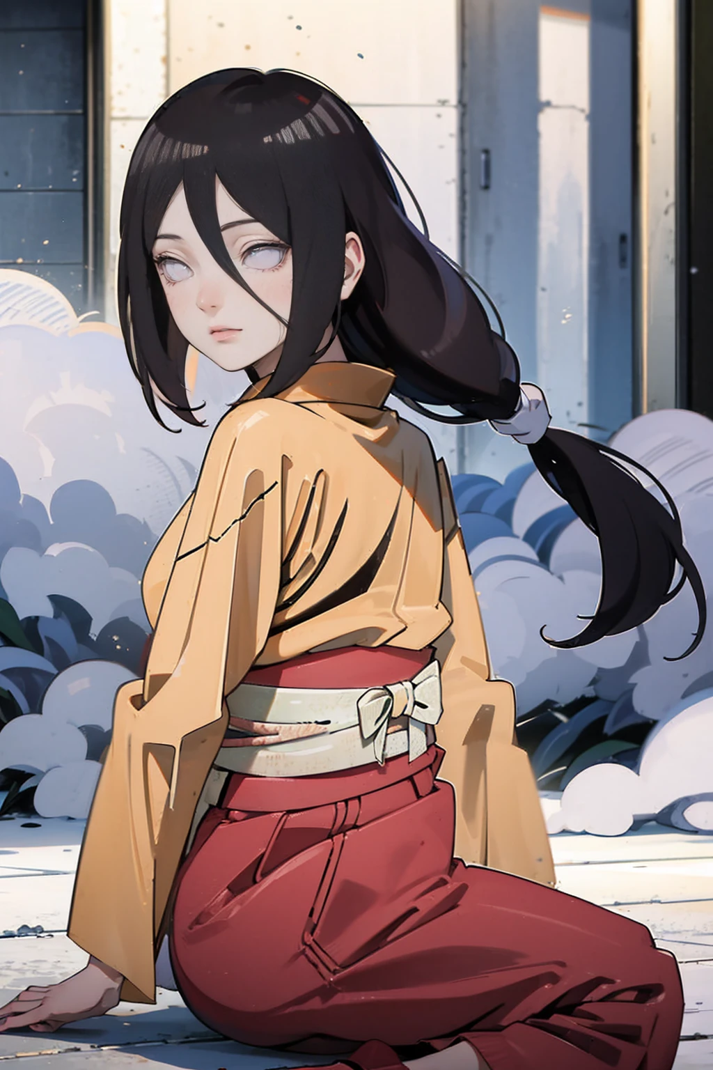 tmasterpiece， hoang lap ， （Complicated details）， （rich colourful）， movie lighting， bust， the Extremely Detailed CG Unity 8K Wallpapers ， Hinata flower ratio， 1girll， solo， orange kimono， Red hakama skirt， obi strip， Wide sleeves， looking at viewert， ventania， Combat posture， Low hair tied long，dinamic poses, lilac eyes, sitting oh the floor, backwards, looking back