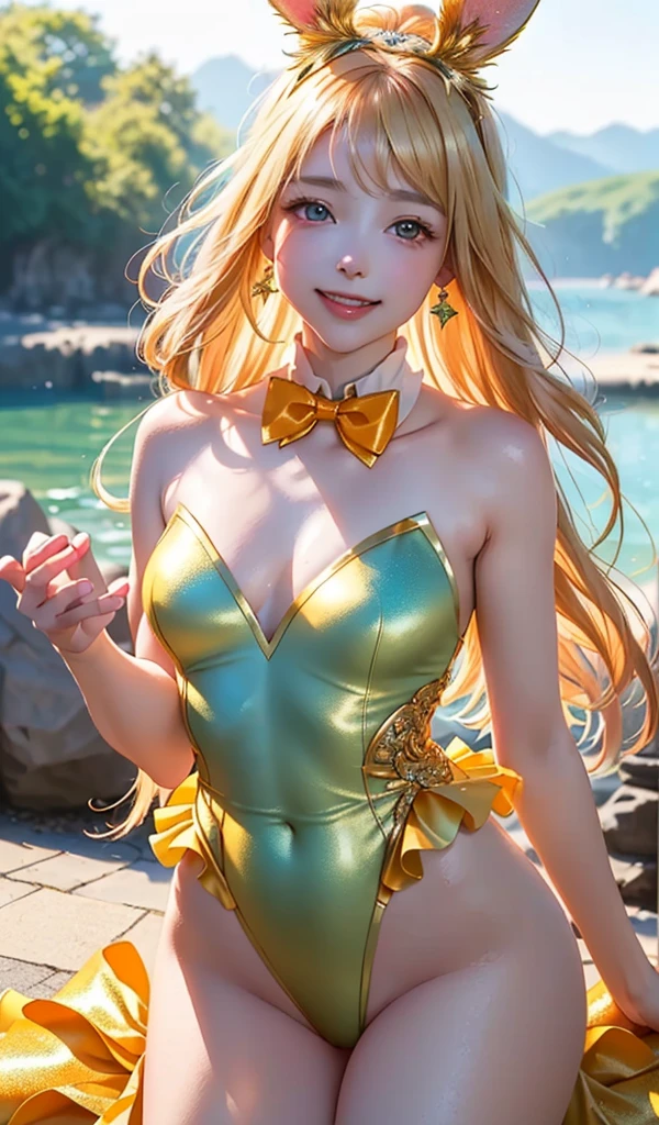 masterpiece, best quality, extremely detailed CG unity 8k wallpaper, (Upper Body head close-up shot of a beautiful little girl), , Elegant Long straight blonde hair, (Mckenna Grace), (flat chest,thighs), (orange-green) golden (Glittering tutu,long Bunny Ear Headgear, , Bow-tie, No panties, genitals visible), (Kneel,Selfie), (Blush), oil skin, (seductive smile), (Wonderland), pretty face, key art, award winning, intricate detail realism hdr, by (ruan jia and artgerm and range murata), Photorealism, Hyperrealism, ultra realistic, dramatic light, intense shadows, gorgeous view, depth of field