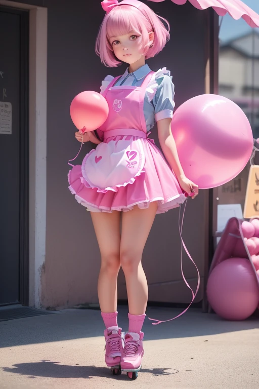 a  girls, (((she is having a pink balloon))) , real photo, (((full body))), (looking above at me),  bob hair, big ribbon on he hair, (apron, leater hot pants), roller skates