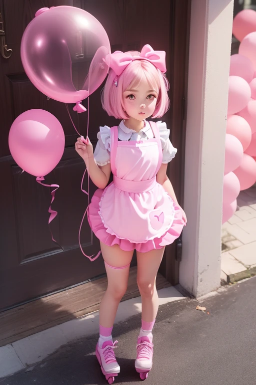 a 11 years old girls, (((she is having a pink balloon))) , real photo, (((full body))), (looking above at me),  bob hair, big ribbon on he hair, (apron, leater hot pants), roller skates