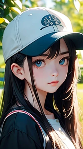 highest quality、realistic、Japanese、Midsummer、garden、girl、zoom、look up、cute、Turquoise eyes、long hair、chestnut hair、all back、Plain black large baseball cap、Wear the cap low on your eyes、white cut and sew、Sweat、close up face、slender、small breasts