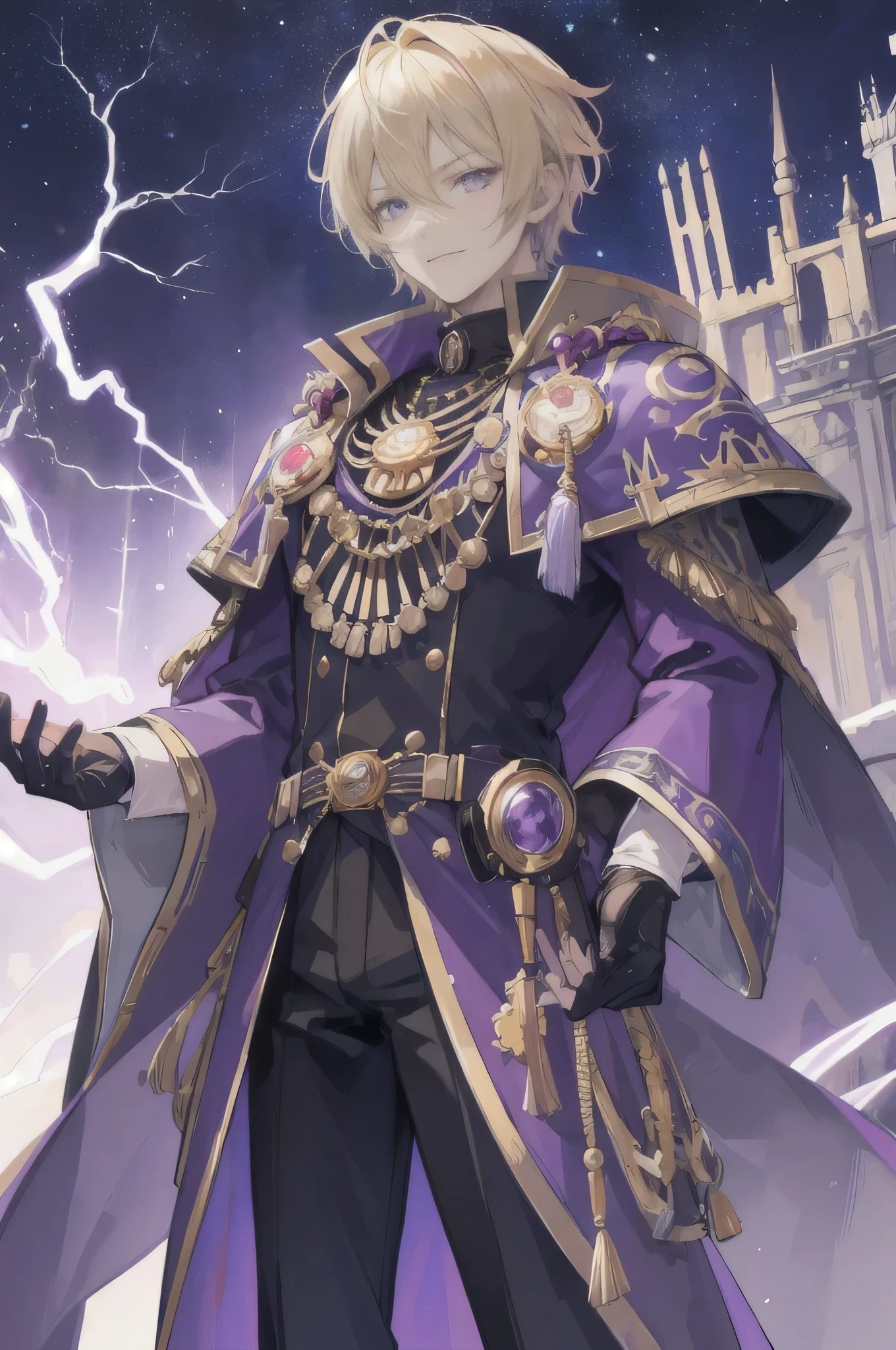 (masterpiece:1.2, best quality:1.1), HD, best illustration, intricate details, 8K, anime - style, Masterpiece, best quality, wallpaper, standing on the bridge of a spaceship, 1_man, handsome, full body, looking away at camera, smirk, blonde hair, short hair length, blue eyes, officers coat, black gloves, lightning, energy, glowing eyes, purple robes, gold trim, Warhammer 40k, Detailed Face, Detailed Eyes, Space Wizard, Robes, Long Robes, Older Male, Man, 1man, dude,
