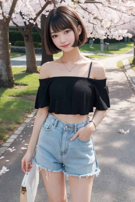 , 1 girl, cute girl, off shoulder, smile, ultra mini skirt, summer