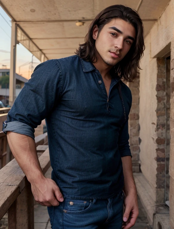 Hombre musculoso, ropa casual, jeans ajustados, fondo del atardecer, un lindo y dulce hombre, big brown eyes, negro_cabello, facial_cabello, jeans de espaldas