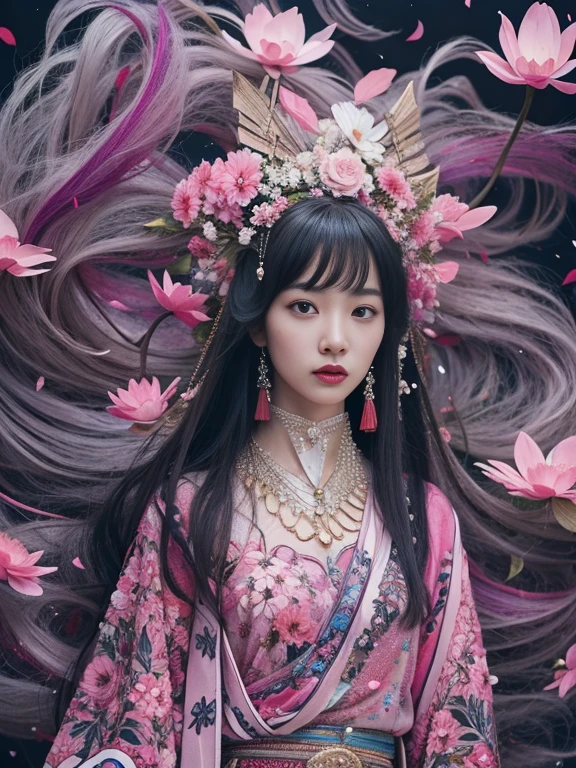 32K（tmasterpiece，k hd，hyper HD，32K）Long flowing black hair，ponds，zydink， a color， Aozhou people （Concubine girl）， （Purple silk scarf）， Combat posture， looking at the ground， long whitr hair， Floating hair， Carp pattern headdress， Chinese long-sleeved clothing， （Abstract gouache splash：1.2）， Pink petal background，Pink and white lotus flowers fly（realisticlying：1.4），Black color hair，Fallen leaves flutter，The background is pure， A high resolution， the detail， RAW photogr， Sharp Re， Nikon D850 Film Stock Photo by Jefferies Lee 4 Kodak Portra 400 Camera F1.6 shots, Rich colors, ultra-realistic vivid textures, Dramatic lighting, Unreal Engine Art Station Trend, cinestir 800，Long flowing black hair，Denim skirt