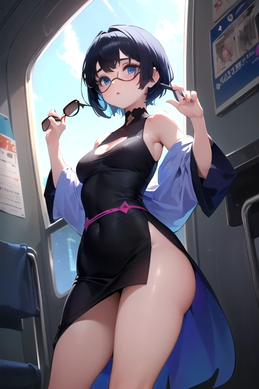 ((Mejor calidad)), ((obra maestra)), (detallado))((tren lleno, Una mujer muy linda con una minifalda azul muy, muy corta..))((vistiendo un atuendo de porrista color blanco: 1.0k, Photography, obra maestra, Mejor calidad, fondo gris oscuro, ((1 girl with blue eyes and beautiful short blue hair., ella usa gafas de lunas trasparentes en su hermoso rostro, )), culo grande pechos enormes vistiendo, poses variadas, cara ultra detallada, ojos detallados.