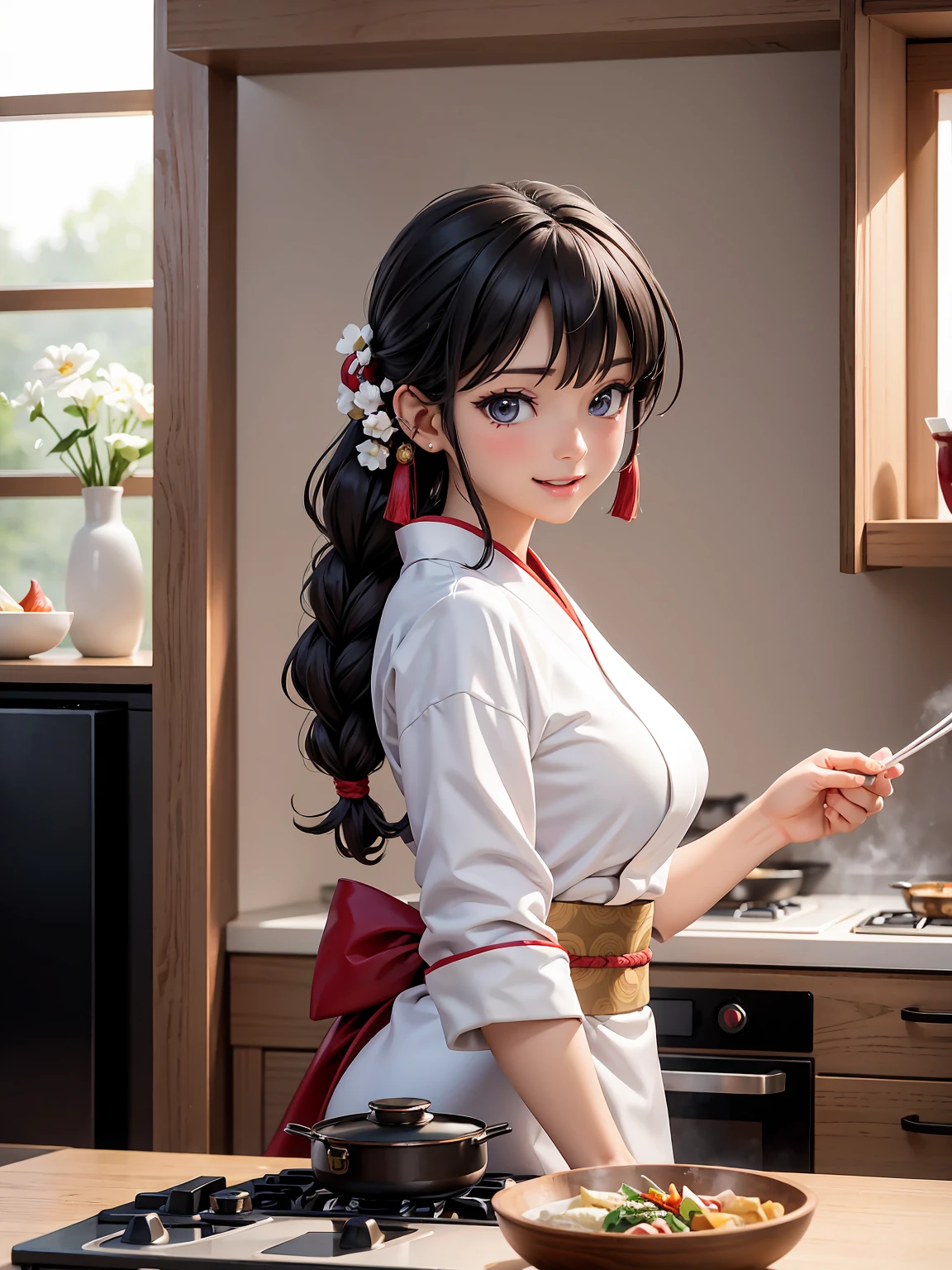 (best quality, 8K, 32k, masterpiece, ultra high definition:1.2), (actual:1.5), (masterpiece, Extremely DetaileD CG unity 8K wallpaper, best quality, high resolution:1.2), (ultra DetaileD, ultra high definition:1.2), (Cowboy shooting:1.3), (anime style illustration:1.3), (seDuctive anime waifu:1.3), (ultra-DetaileD:1.3), (Super sharp:1.3), (insanely DetaileD:1.3), (Cooking scene in the kitchen:1.3), (from siDe:1.2),
rest,
(1 girl:1.3, alone), (Japanese food-Chef:1.3), single braiD hair style, mahogany hair, Attractive look, (Korean actress face:1.3), (Japanese iDol face:1.3), pretty face, Lovely,
rest,
(white Japanese Chef uniform:1.3), (Chef uniform:1.3), (Kimono suit:1.3),
rest
(Japanese food:1.3), (DetaileD Japanese food:1.3), (Cooking in the kitchen:1.3), (cutting fooD:1.3), (at Japanese food:1.3), (On the kitchen counter:1.3), inDoor, film light, sunset light, Lovely, happy, seDuctive smile, :D, ;p, Attractive emotions,
rest, best ratio four finger anD one thumb, perfect anatomy, Perfect proportion,