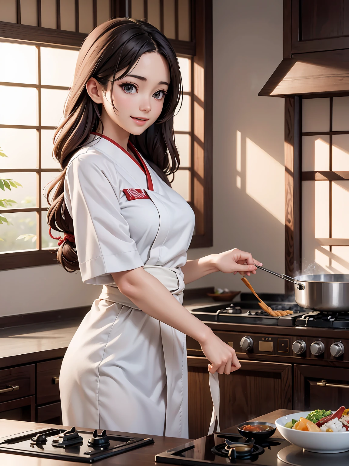 (best quality, 8K, 32k, masterpiece, ultra high definition:1.2), (actual:1.5), (masterpiece, Extremely DetaileD CG unity 8K wallpaper, best quality, high resolution:1.2), (ultra DetaileD, ultra high definition:1.2), (Cowboy shooting:1.3), (anime style illustration:1.3), (seDuctive anime waifu:1.3), (ultra-DetaileD:1.3), (Super sharp:1.3), (insanely DetaileD:1.3), (Cooking scene in the kitchen:1.3), (from siDe:1.2), 
rest, 
(1 girl:1.3, alone), (Japanese food-Chef:1.3), single braiD hair style, mahogany hair, Attractive look, (Korean actress face:1.3), (Japanese iDol face:1.3), pretty face, Lovely, 
rest, 
(white Japanese Chef uniform:1.3), (Chef uniform:1.3), (Kimono suit:1.3), 
rest
(Japanese food:1.3), (DetaileD Japanese food:1.3), (Cooking in the kitchen:1.3), (cutting fooD:1.3), (at Japanese food:1.3), (On the kitchen counter:1.3), inDoor, film light, sunset light, Lovely, happy, seDuctive smile, :D, ;p, Attractive emotions, 
rest, best ratio four finger anD one thumb, perfect anatomy, Perfect proportion,