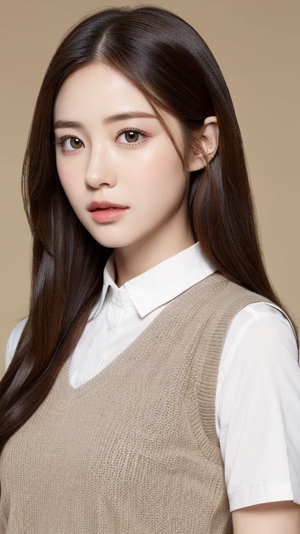 (lifelike, high resolution:1.3), 1 girl with perfect figure, The face shape and eyes are super delicate,long hair, random color vest:1.2, Short jeans, Dabubu,Baogou