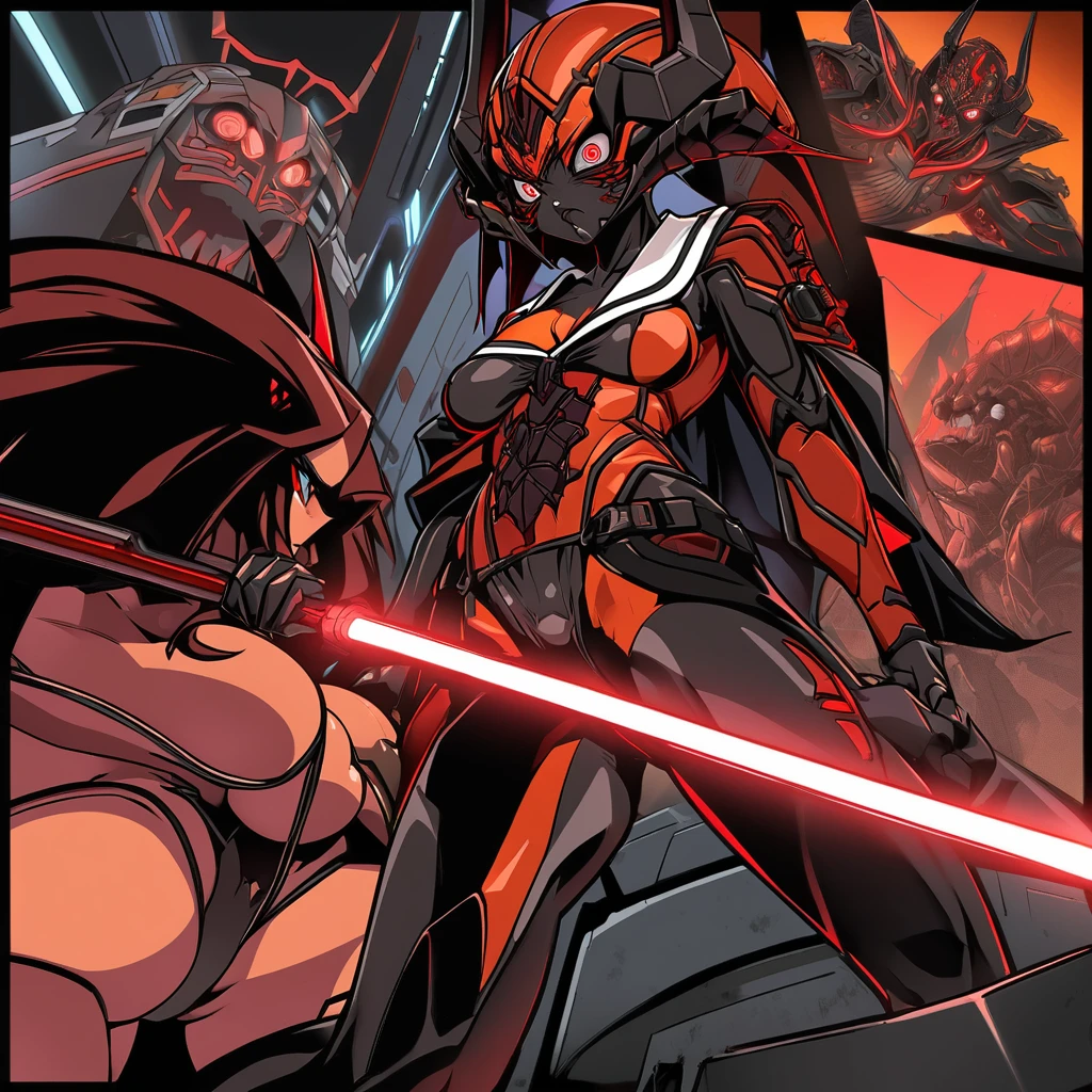 (Anime Line Art) A sexy Sith Warlord (alien, big breasts, no hair many small horns instead, blood red eyes, deep red almost black skin, many fierce orange body tattoos, small fighting costume, looks unhinged, wielding a red light saber) is dueling with a Jedi woman (big butt, small breasts, sailor school outfit with scifi gadgets, short hair, big eyes, calm and composed, masterfully deflecting the sith attacker), set in a sci-fi high technology building