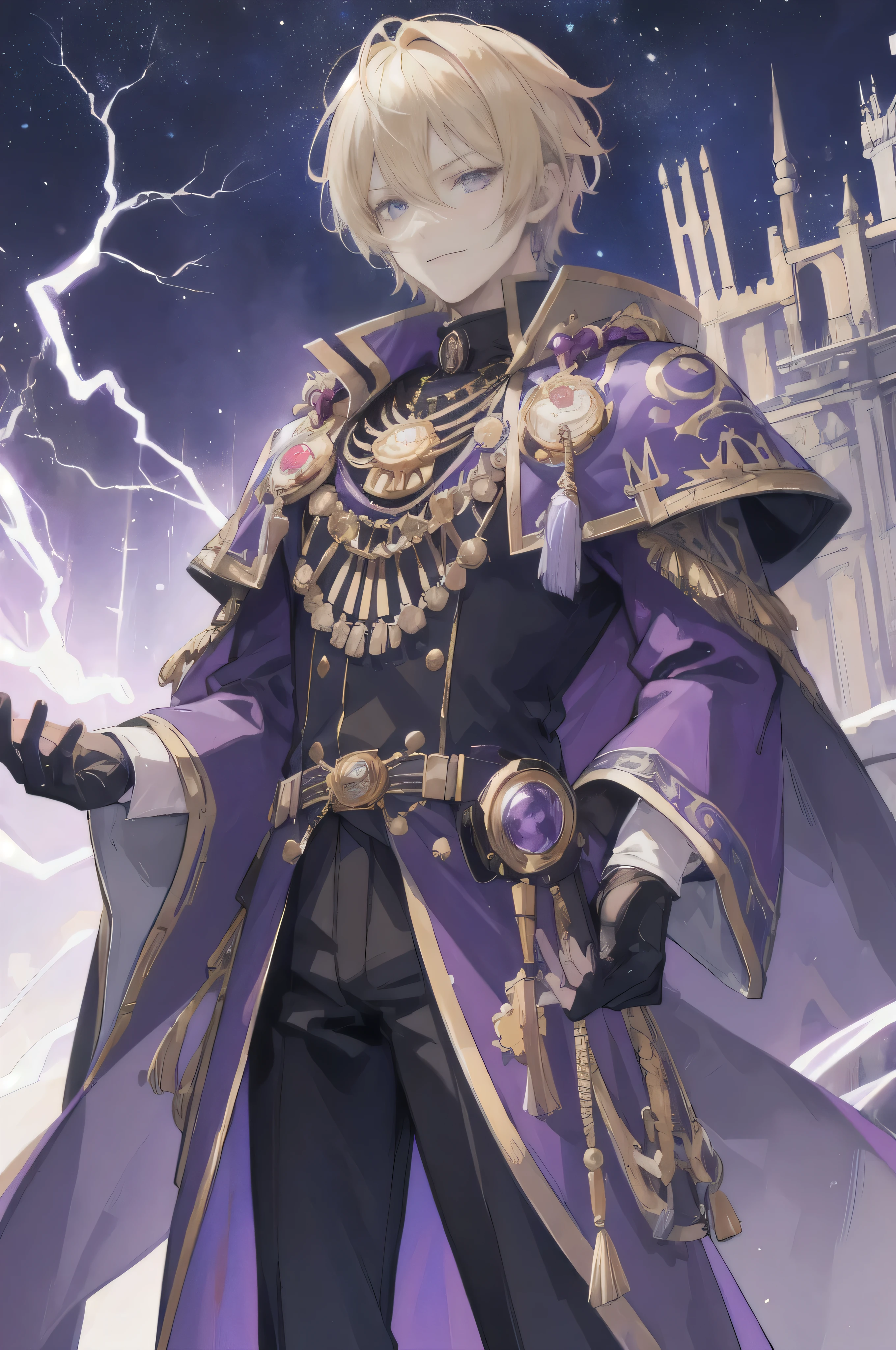 (masterpiece:1.2, best quality:1.1), HD, best illustration, intricate details, 8K, anime - style, Masterpiece, best quality, wallpaper, standing on the bridge of a spaceship, 1_man, handsome, full body, looking away at camera, smirk, blonde hair, short hair length, blue eyes, officers coat, black gloves, lightning, energy, glowing eyes, purple robes, gold trim, Warhammer 40k, Detailed Face, Detailed Eyes, Space Wizard, Robes, Long Robes, Older Male, Man, 1man, dude,