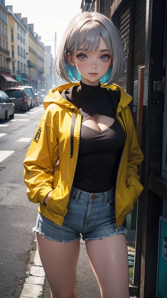 (Highly detailed CG unit 8k wallpaper, masterpiece, High resolution, highest quality, natural skin texture), Composition from head to stomach:1.5, (20 year old woman, Hands in pockets pose:1.5, smile, detailed eyes, gradient eyes), (Stalgic Fashion, Yellow-lined hooded jacket, black leather hot pants, Asymmetrical punk short hair:1.2, ash gray hair, Slightly exposed cleavage), (Backstreets of Paris:1.3, Colourful flower beds along the road, cinematic lighting), high contrast, hyper realistic, digital painting, concept art,