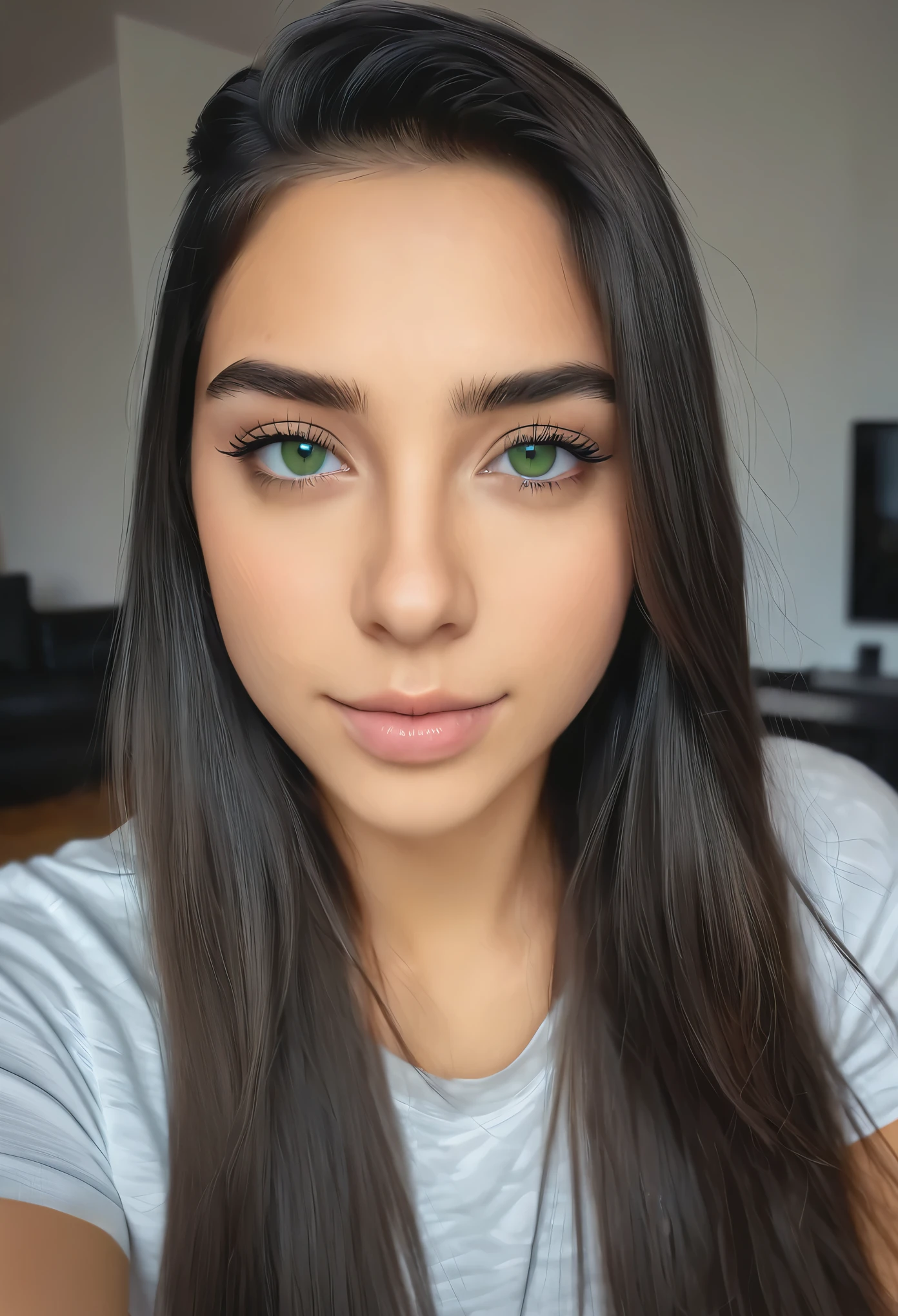 garota branca magra, cabelo preto , quarto escuro, meia luz, video realista, cabelo liso, fino, branca de olhos verdes, istp style, foto realista8k, Melhor qualidade, mesa, realista, O ultra-detalhado, fotografia realista, camera vindo de baixo, iluminacao escura Um hiper-realista, softer lighting, increase the quality of cinematic lighting, photorealistic lighting, Back lighting, luz brilhante, Aumentar a qualidade, Peles com textura real de alta qualidade, cintura fina, quadril largo, bumbum arrebitado, seios fartos, pele macia, delicada, ot , , apartamento simples, pequeno, analog camera effect, video baixa qualidade, webcam efeito cabelo liso, , calvin klein, chapinha, gamer style, cabelo extremamente liso, foto corpo inteiro, video caseiro, webcam