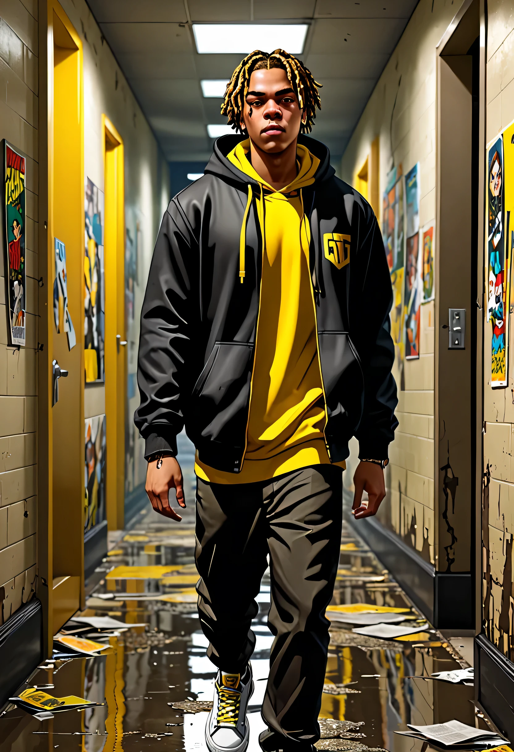 GTA art style, Cordae wearing a b;ack hoodie, with a short brown haircut and a soul patch, wearing a black suit, black shirt, black and yellow sneakers, and a yellow tie, walking in a dilapidated office building hallway with open doors and yellow curtains in the background, comic book style epic realistic, foto, desbotado, cores neutras, hdr, cores mudas, cena intrincada, artstation, detalhes intrincados, vinheta, detailed, detailed face, intricate, vivid colors