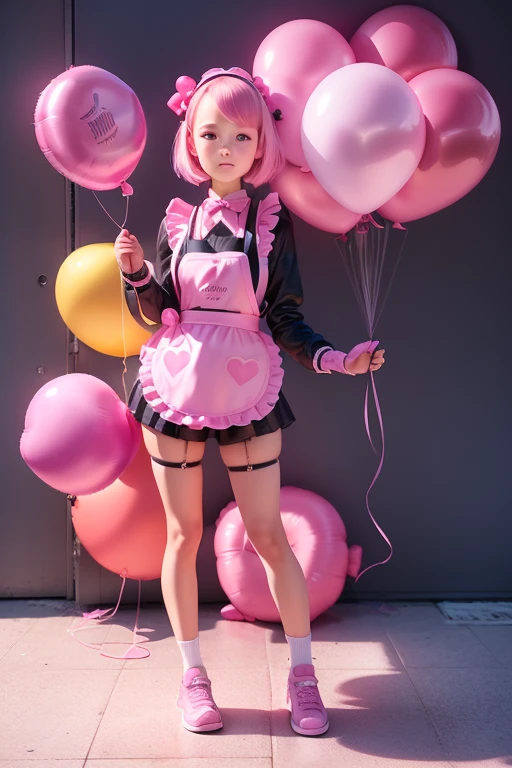 a 11 years old girls, (((she is having a pink balloon))) , real photo, (((full body))), (looking above at me),  bob hair, big ribbon on he hair, (apron, leather hot pants), 