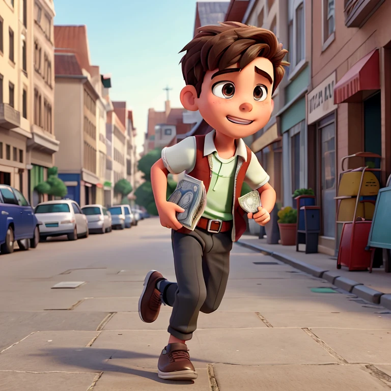 Animated image of a boy running away with money in his hands on the street