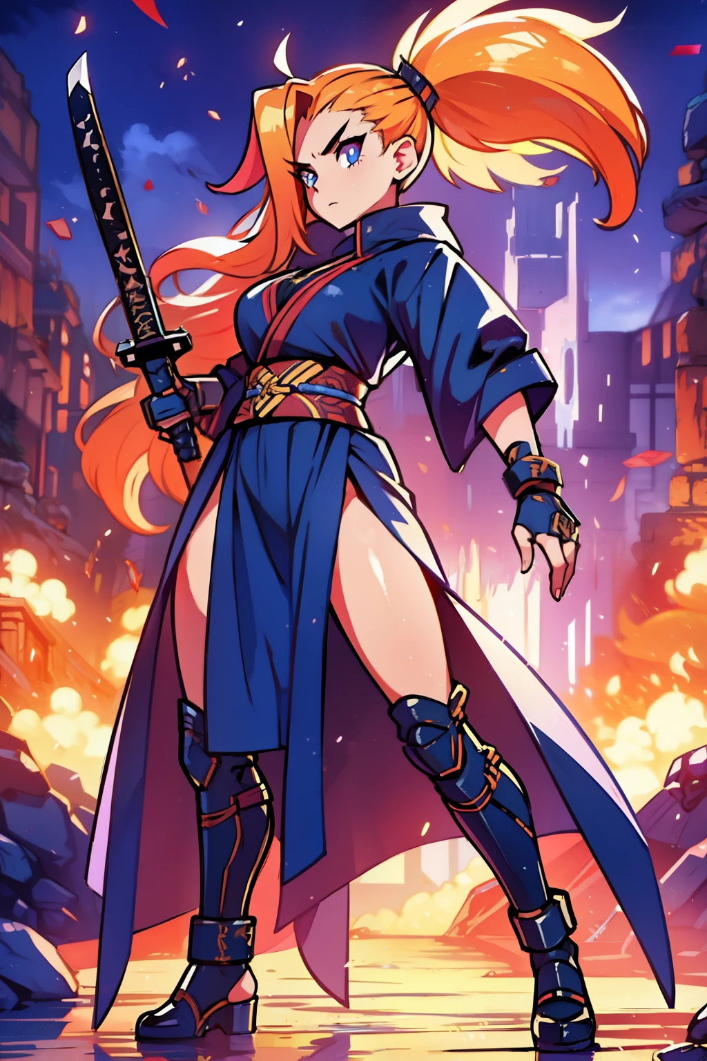 gorgeous woman, holding a giant katana on her shoulder, perfect face, ultra long hair, standing, ultra detailed face, kunoichi, perfect giant katana, heavy katana