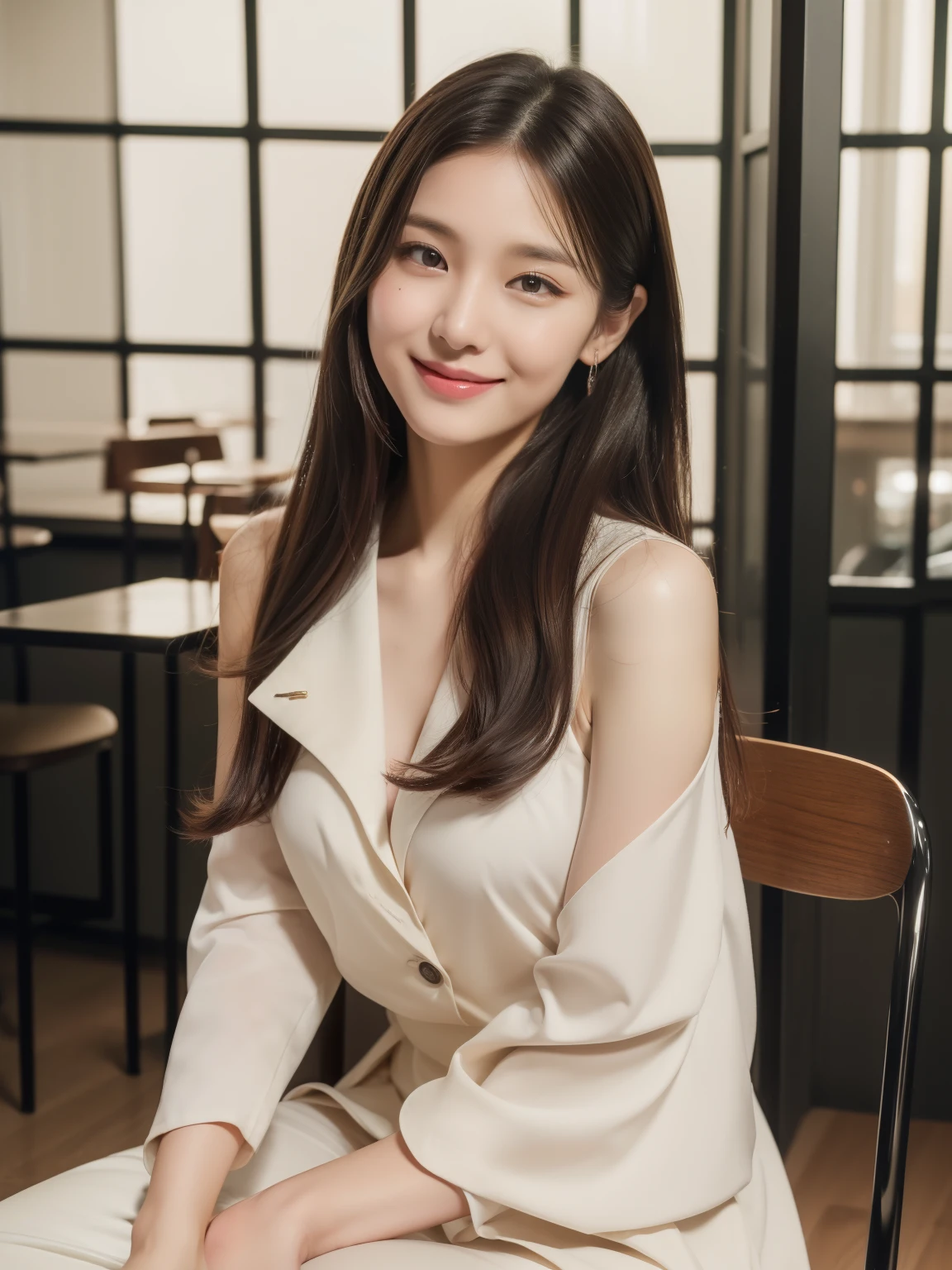 ((Top quality, 8K, Masterpiece: 1.3)), Beautiful girl, Pure, Melon face, Kind and cute, Sweet smile, Pure desire, Slender body, (Front), (Tilted head), ((Looking at camera) ), wearing a raspberry ripple color suit, black straight long hair, long flowing shoulders, round black big eyes, clear big eyes, moist red lips, sweet, sitting on a chair, cafe background, (full body shot), (Random body direction), (Shooting from a long distance),