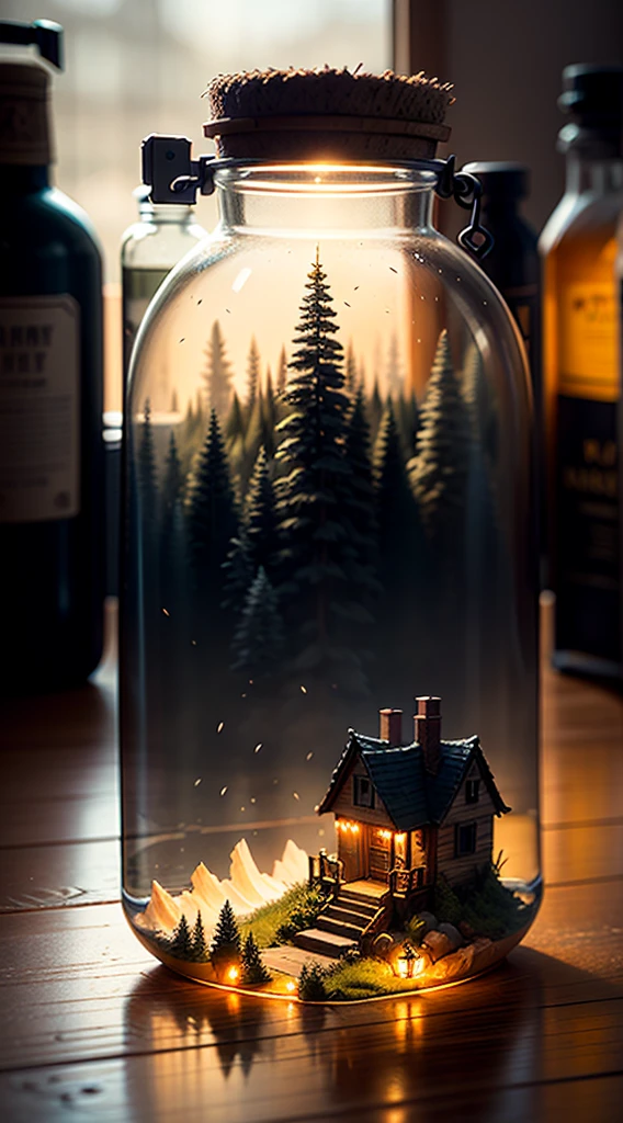 (Concept Art), (Intricate Forest Mini Town, Village, Landscape Trapped in a Bottle), Biome, Thick Glass, Weathered, Atmospheric Oliva Lighting, On the Table, 4k UHD, Dark Resonance, Ultra Detailed, Vivid Colors, Epic Composition, Octane Rendering, Sharp Focus, Detailed, Complex, (Reflection, Refraction, Caustic: 0.6), (High Resolution Isometric), 8K, HDR, Realistic: 1.4