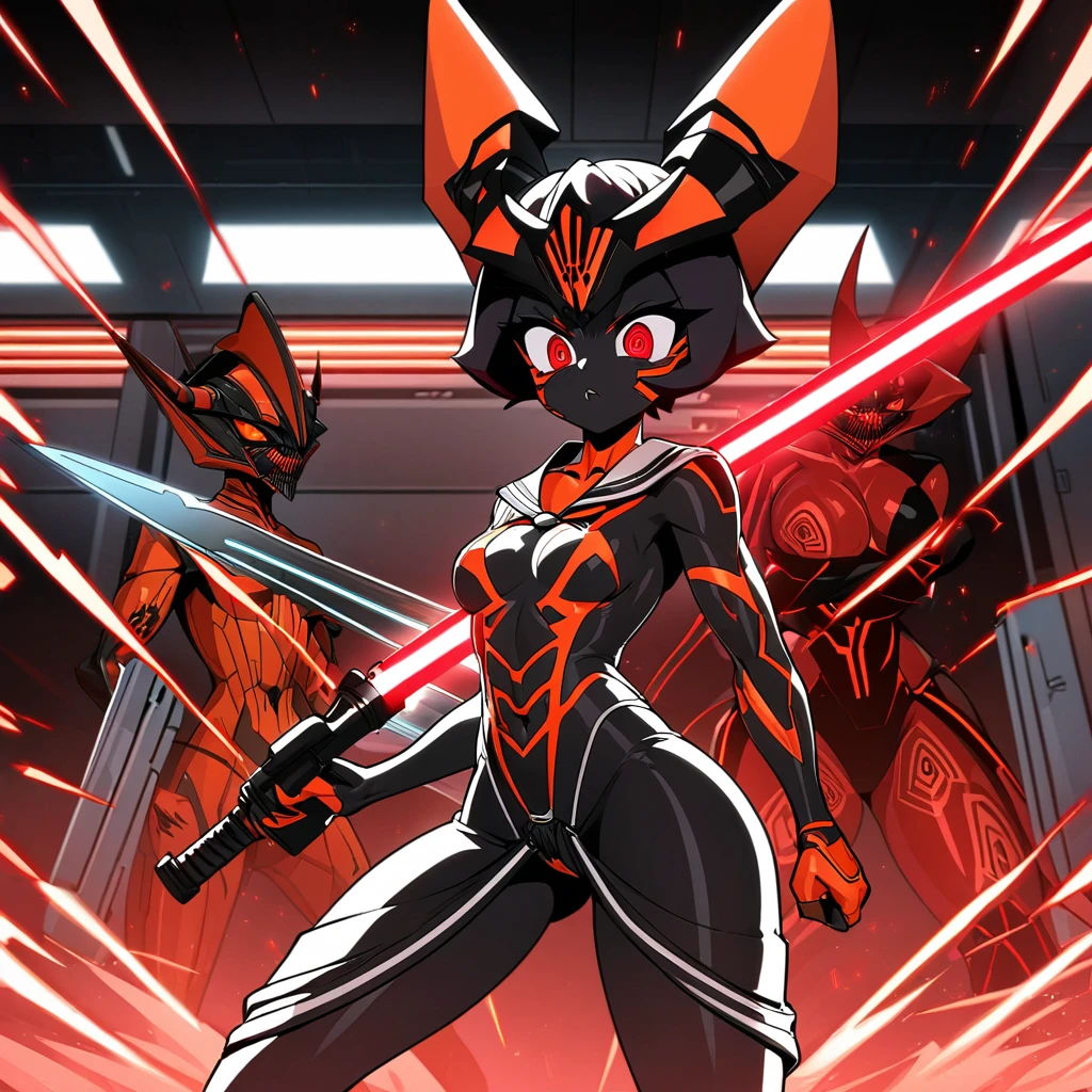 (Black and white Anime Line Art) (extreme complexity, two subjects unique and individual) (subject 1:A y Sith Warlord (alien, bigo hair many small horns instead, blood red eyes, deep red almost black skin, many fierce orange attoos, small fighting costume, looks unhinged, wielding a red light saber)) is dueling with a (subject 2: Japanese Jedi woman (big butt, small breasts,lor school oith scifi gadgets, short hair, big eyes, calm and composed, masterfully deflecting the sith attacker)), set in a sci-fi high technology building