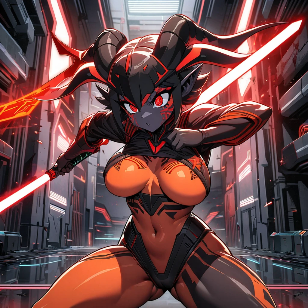 (Anime Line Art) A sexy Sith Warlord (alien, big breasts, no hair many small horns instead, blood red eyes, deep red almost black skin, many fierce orange body tattoos, small fighting costume, looks unhinged, wielding a red light saber) is dueling with a Jedi woman (big butt, small breasts, sailor school outfit with scifi gadgets, short hair, big eyes, calm and composed, masterfully deflecting the sith attacker), set in a sci-fi high technology building