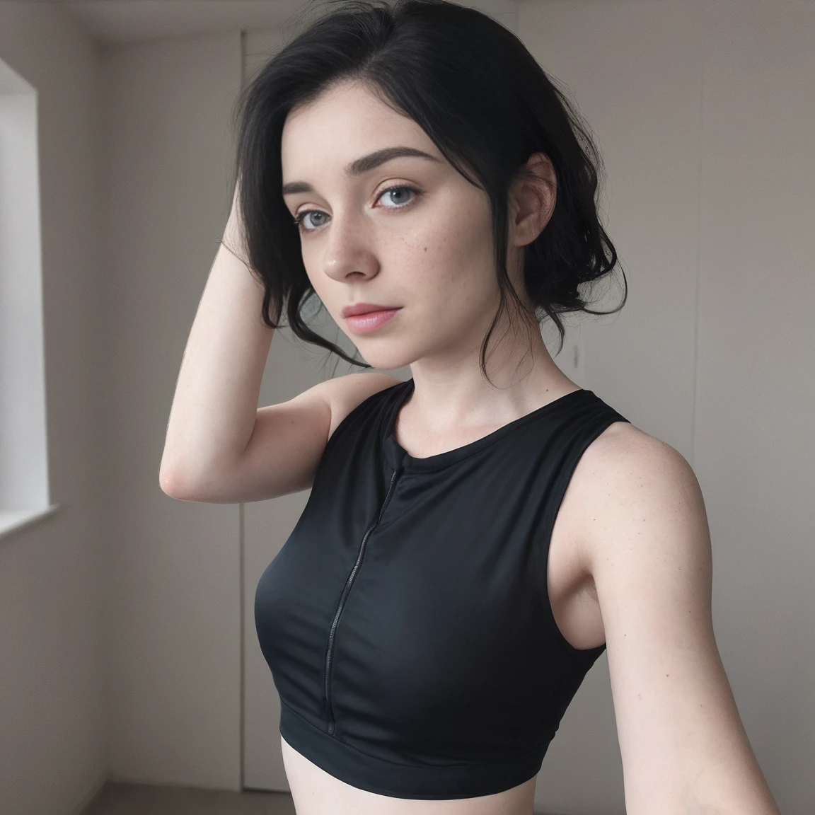 ((HQ)(photorealistic)(Age18+ Irish female, pale skin, small breasts, runners body, some small freckles, imperfect skin, wavy black hair)) taking a selfie