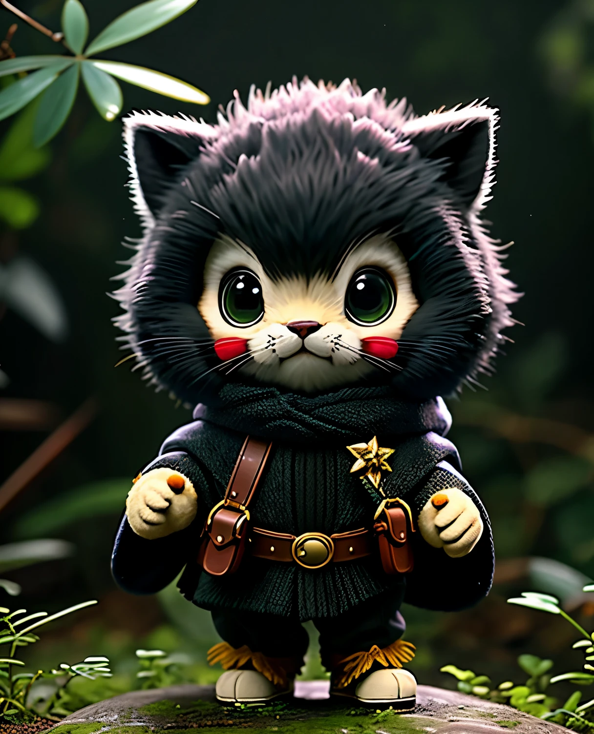 best image quality、"cute生き物の傑作を作成しましょう. One、Black panther character、(The place is a forest), high detail, In 8K、best image quality、Disguised as an adventurer、With shuriken in hand、medieval adventurer costume、(((cute)))、