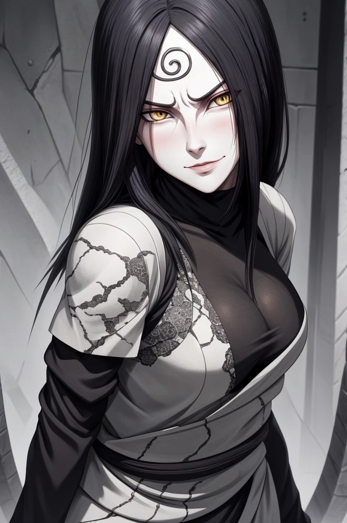 {-erro_de_anatomia:1.0} estilo anime, Masterpiece, absurdities, Orochimaru\(Naruto\), 1girl Solo, Mature woman, Oversized shirt with broad shoulders, Perfect composition, Detailed lips, large breasts, Beautiful face, body proportion, Blush, Long black hair, ( black hair), yellow eyes, Soft gauze, Super realistic, Detailed, photo shoot, Realistic faces and bodies, masterpiece, best quality, best ( white snake) illustration, hyper detailed, 1 girl, solo, glamorous, blushing, whole body, 