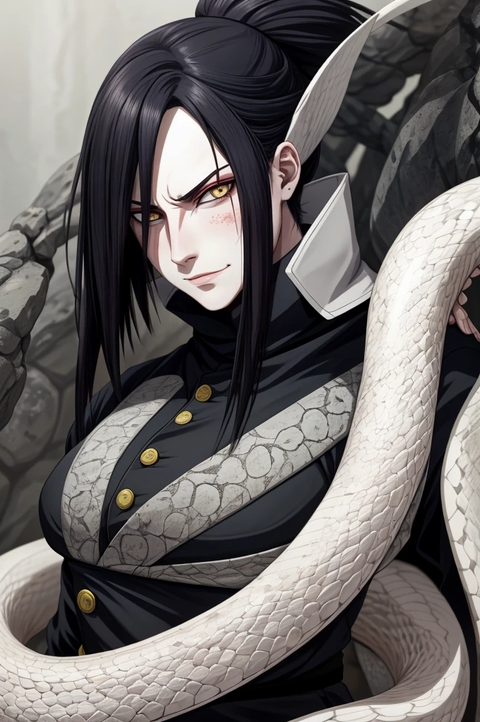 {-erro_de_anatomia:1.0} estilo anime, Masterpiece, absurdities, Orochimaru\(Naruto\), 1girl Solo, Mature woman, Oversized shirt with broad shoulders, Perfect composition, Detailed lips, large breasts, Beautiful face, body proportion, Blush, Long black hair, ( black hair), yellow eyes, Soft gauze, Super realistic, Detailed, photo shoot, Realistic faces and bodies, masterpiece, best quality, best ( white snake) illustration, hyper detailed, 1 girl, solo, glamorous, blushing, whole body, 