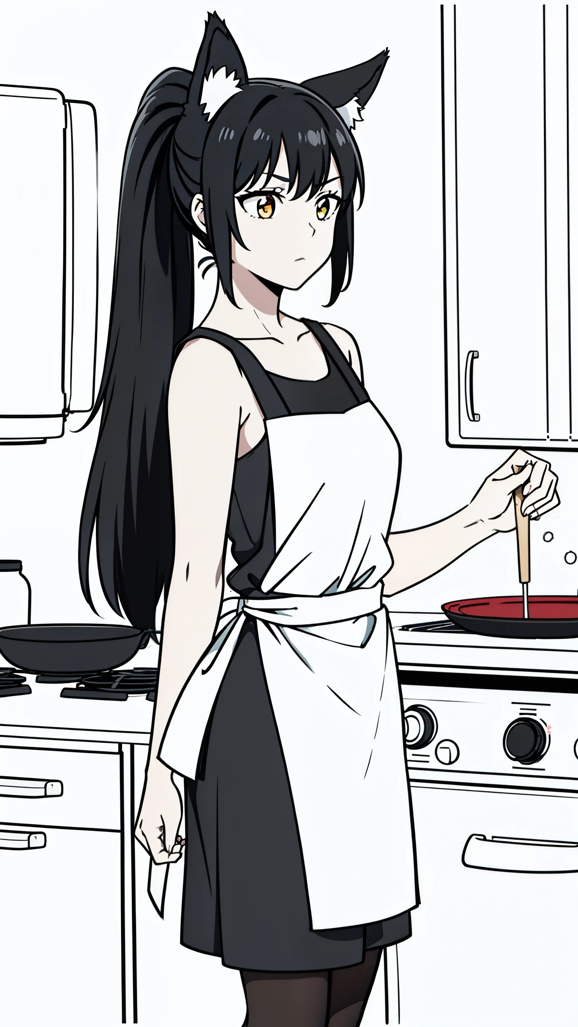 (1girl,16 years old),solo,serious,black hair,ponytail hair,long hair,fox ears,black shirt,sleeveless,black shorts,(,line drawing),cooking,apron, kitchen