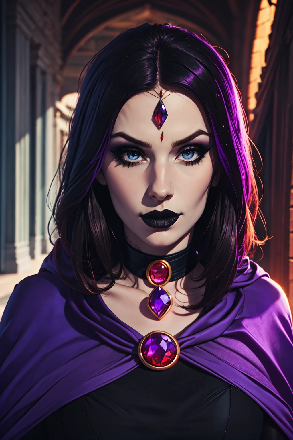 (Best Quality, 8k, Masterpiece, UHD), (Photo of Attractive Caucasian Gothic model Woman with tattoos), solo 1Girl as Raven, ((gemstone on forehead)), heavy makeup , cape, choker,very pale skin,Ultra Detailed Face, Detailed Lips, Fine Eyes, black lipstick, Fine Eyes