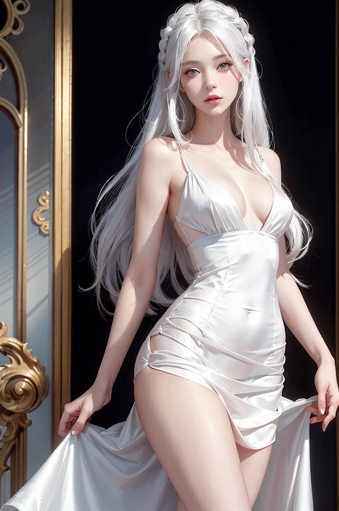 Line Art, sketch, Pencil drawing, ((perfect female figure)), white hair, red eyes, looking at viewer, seductive posture, beautiful face, pale skin, absurdly long hair, (small breasts, breasts out), shiny skin, slim body, (extremely detailed 8K silk dress:1.2), delicate pattern dress intricate detail (rich:1.4), perfect anatomy